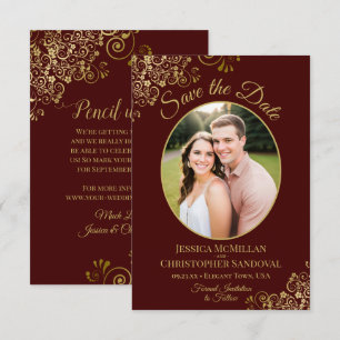 Save The Date Mariage Élégant Or Lace & Photo Marron Auburn