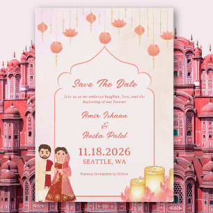 Save The Date Mariage élégant Peach Pink Lotus Lanterns