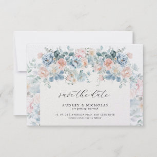 Save The Date Mariage Élégant Romantique aux Florales Bleu Pouss
