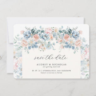 Save The Date Mariage Élégant Romantique aux Florales Bleu Pouss
