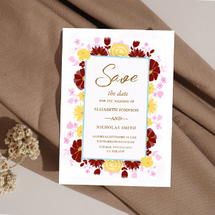 Save The Date mariage élégant rose bordeaux et jaune fleuri