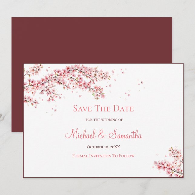 Save The Date Mariage Élégant sous les Cerisiers en Fleur (Devant / Derrière)