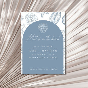 Save The Date Mariage Élégant sur la Plage aux Coquillages Bleus