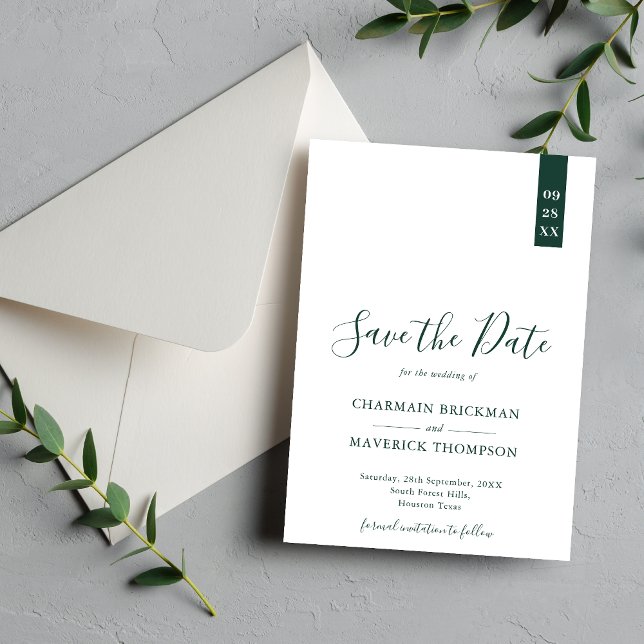 Save The Date Mariage élégant vert émeraude et blanc en écriture (Créateur téléchargé)