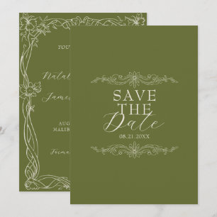 Save The Date Mariage élégant vert olive Argent ancien classe