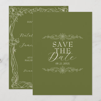 Save The Date Mariage élégant vert olive Argent ancien classe
