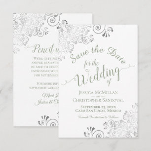 Save The Date Mariage Élégant Vert Sauge Dentelle Argentée sur F