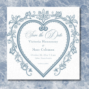 Save The Date Mariage Élégant Vintage Chinoiserie Cœur Bleu