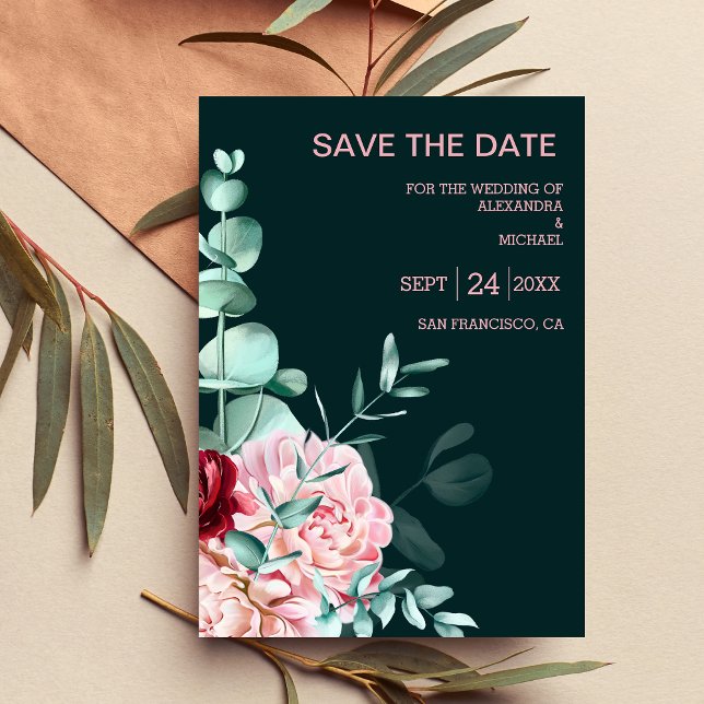 Save The Date Mariage Emerald Green Watercolor Bourgogne Fleurs (Créateur téléchargé)