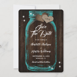 Save The Date Mariage en bois rustique pot Mason sarcelle