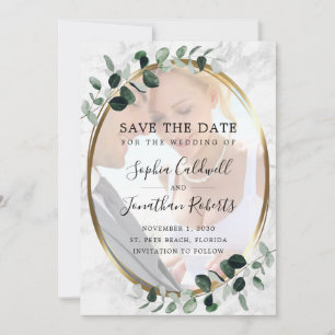 Save The Date Mariage en marbre Eucalyptus Photo Gold Frame