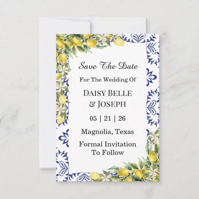 Save The Date Mariage en mosaïque bleue citron méditerranéen (Devant)