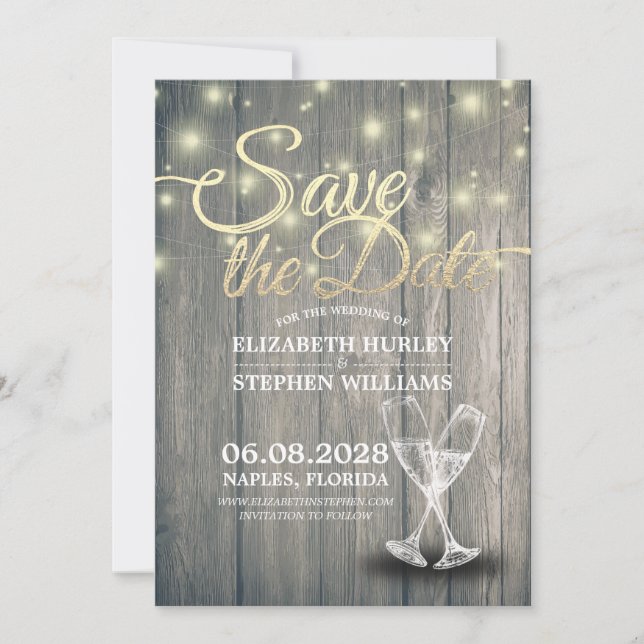Save The Date Mariage Enregistrer La Date Champagne Verres Bois  (Devant)