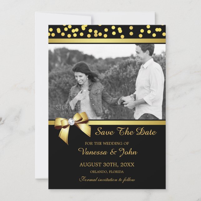 Save The Date Mariage Enregistrer La Date Photo Gold Confetti No (Devant)