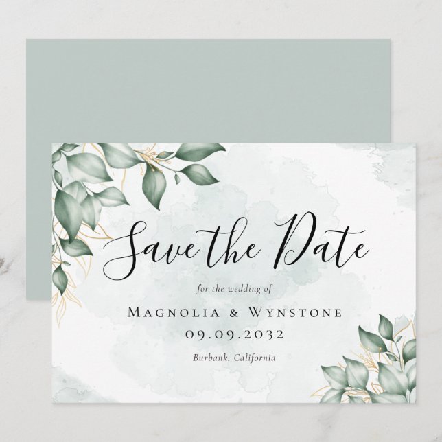 Save The Date Mariage Eucalyptus Green Watercolor (Devant / Derrière)