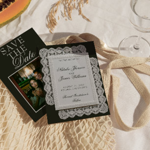 Save The Date Mariage Fantaisie Photo en Noir et Blanc de Dentel