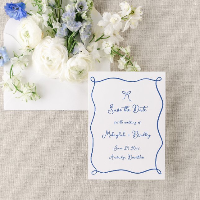 Save The Date Mariage Fantaisiste à l'aquarelle avec Ruban Bleu  (Créateur téléchargé)