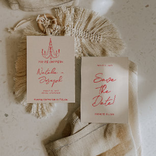 Save The Date Mariage Fantaisiste Rouge Ancien Argent Dessiné à