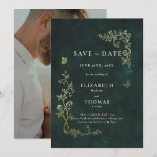 Save The Date Mariage féerique de forêt vert émeraude magique