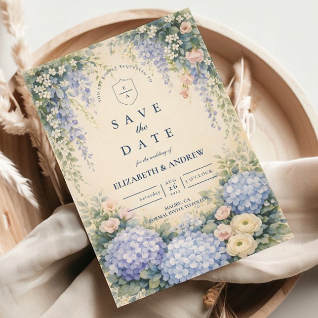 Save The Date Mariage Fleur Bleue Hydrangea Et Rose Ivoire (Créateur téléchargé)