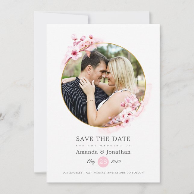Save The Date Mariage Fleur de Cerisier Rose Géométrique de Prin (Devant)