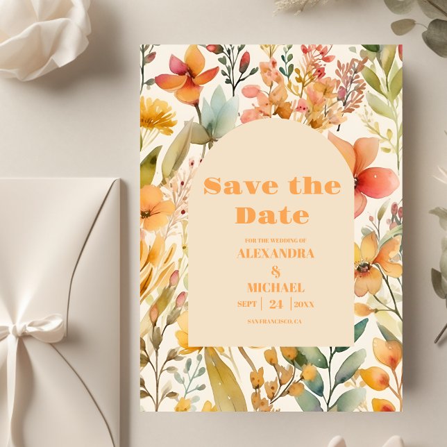 Save The Date Mariage Fleur sauvage Aquarelle rose orange (Créateur téléchargé)