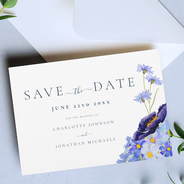 Save The Date Mariage Fleur sauvage moderne (Elegant wildflower boho blue wedding save the date invitation garden meadow Watercolor florals)