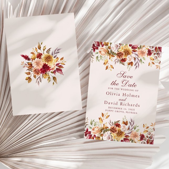 Save The Date Mariage Fleur sauvage moderne Burange Orange (Modern Burnt Orange Terracotta Wildflowers Wedding Save The Date on a sunny dry palm leaf.)