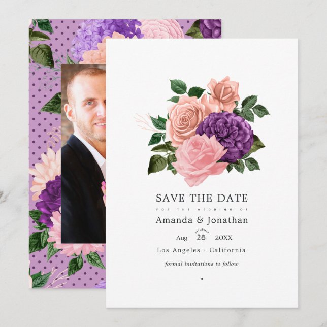 Save The Date Mariage Fleural Rose Pêche et Violet Lavande (Devant / Derrière)