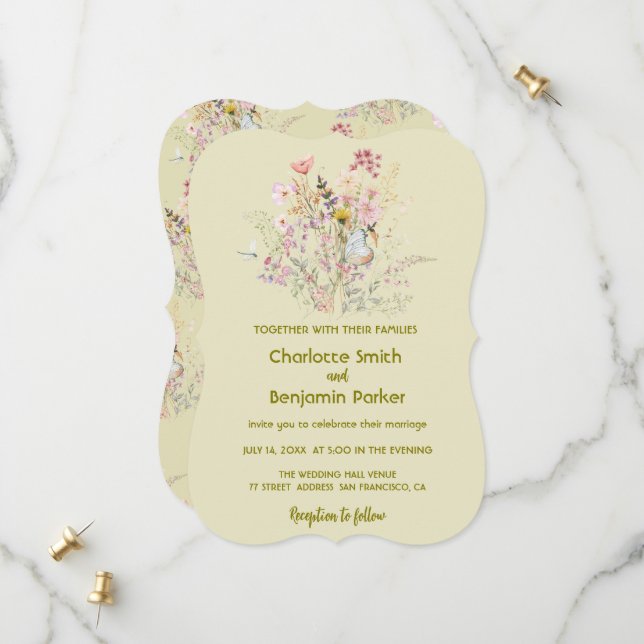 Save The Date Mariage fleuri fleur sauvage simple or (Devant/Arrière en situation)