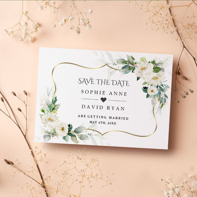 Save The Date Mariage Fleurie Blanche Végétation Aérée Aquarelle (elegant trendy modern white flowers gold save the date invitation)