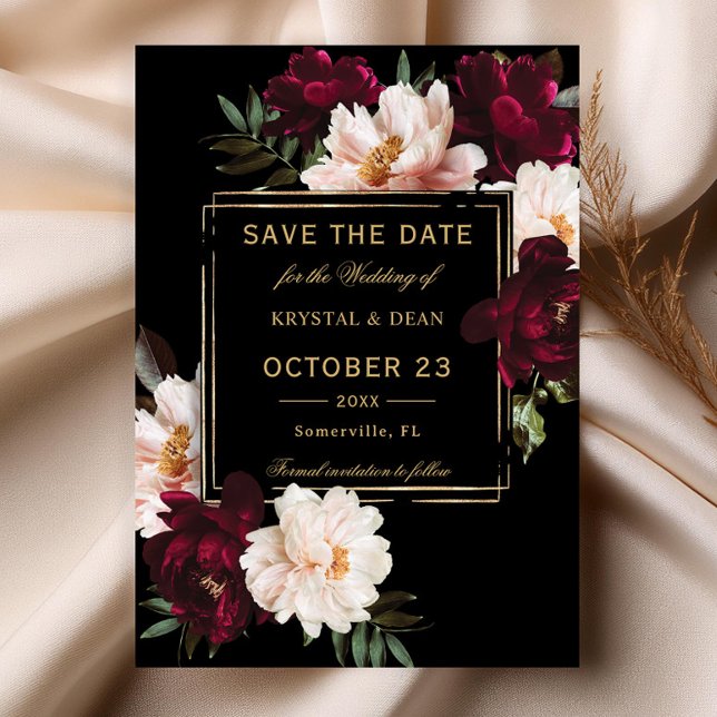 Save The Date Mariage Fleurie Noir et Burgundy Blush Sombre (dark moody blush burgundy peonies floral flowers black gold wedding save the date printed cards file)