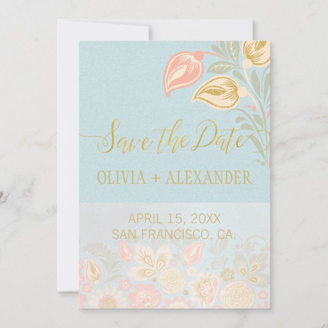 Save The Date Mariage Fleurie Or Pastel Pêche Printemps Bleu Cla (Devant)