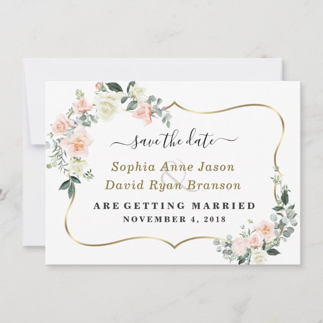 Save The Date Mariage Fleurs Blanches Charm Blush Calligraphie (Devant)