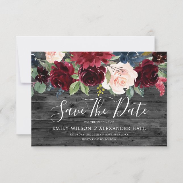 Save The Date Mariage Fleurs de Bourgogne Bois de Charbon Rustiq (Devant)