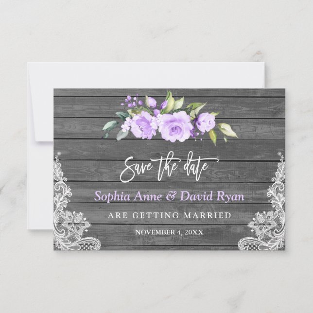 Save The Date Mariage Fleurs de Lavande Bois de Grange Dentelle (Devant)