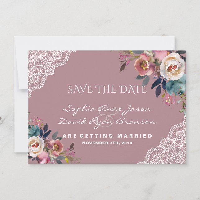 Save The Date Mariage Fleurs de Rose Poussiéreuse Bleu Poussiére (Devant)