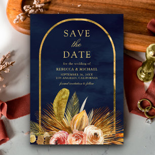 Save The Date Mariage Fleurs de Terre Arc Doré Bleu Marine