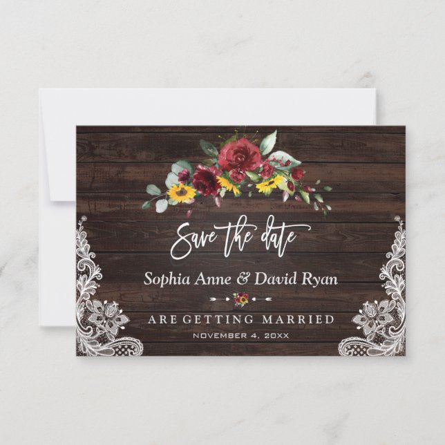 Save The Date Mariage Fleurs de Tournesol Bois Dentelle Bourgogn (Devant)