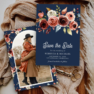 Save The Date Mariage Fleurs en Terracotta Bleu Nuit Photographi
