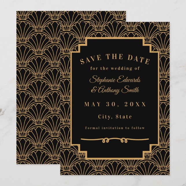 Save The Date Mariage Fleurs Éventail Art Déco Noir et Or  (Devant / Derrière)