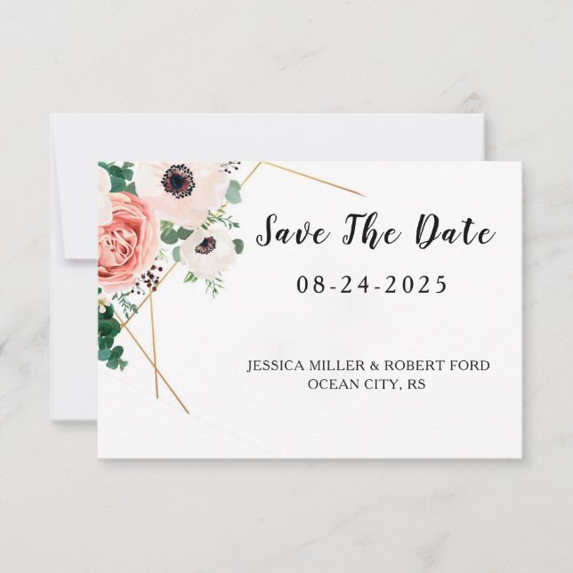 Save The Date Mariage Fleurs Roses Corail (Devant)