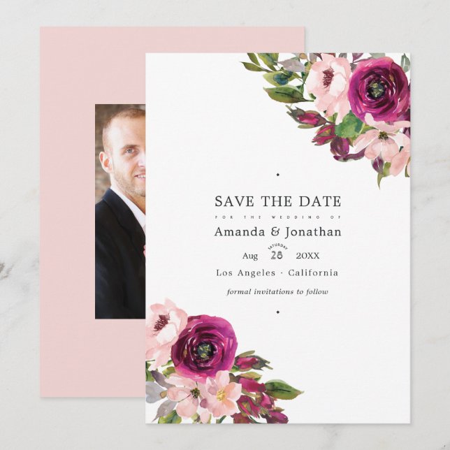 Save The Date Mariage floral à l'aquarelle Marsala et rose (Devant / Derrière)