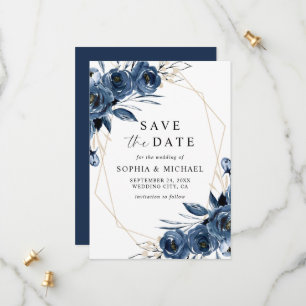 Save The Date Mariage Floral Aquarelle Bleu Marine Classique Sim