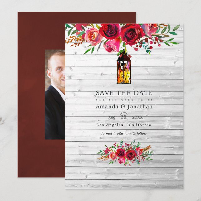 Save The Date Mariage Floral Aquarelle Rustique Bourgogne et Ros (Devant / Derrière)