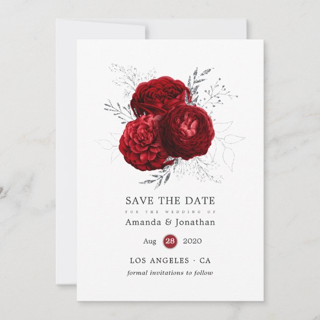 Save The Date Mariage floral argent et rouge (Devant)