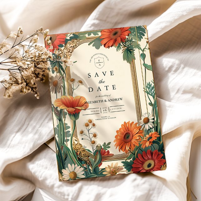 Save The Date Mariage Floral Art Nouveau Orange (Créateur téléchargé)