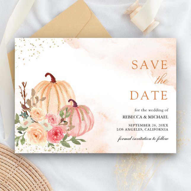 Save The Date Mariage Floral au thème Citrouille Pêche Rose (Créateur téléchargé)