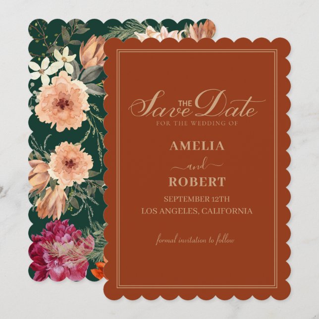 Save The Date Mariage floral automnal en terracotta brûlé orange (Devant / Derrière)
