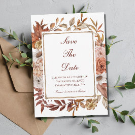 Save The Date Mariage Floral Automne Abricot Brun Rouille 